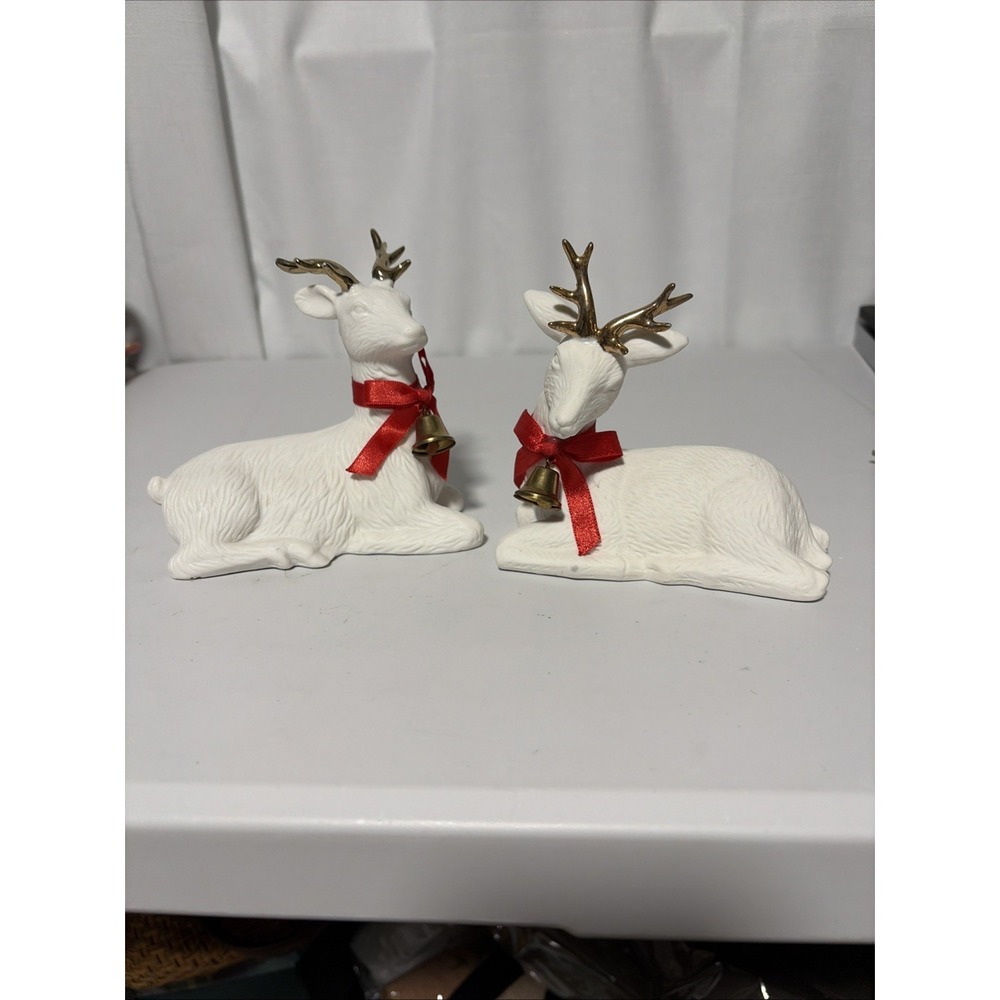 K’s Collection White Porcelain Christmas Deer Gold Antlers Red Bow Bell Set of 2